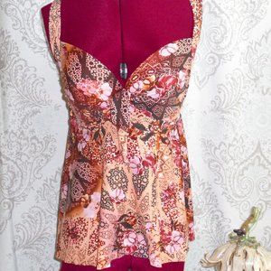 Torrid 2 D/DD Brown/Pink Floral Tankini Top Adj Straps